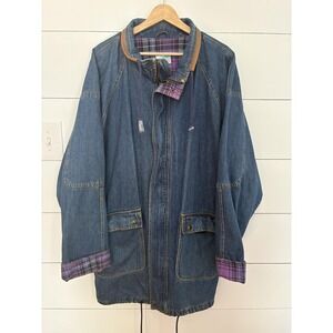 Center Aisle Plus Denim Jacket Women 18W Blue Plaid Lined Zip Pockets Raglan VTG